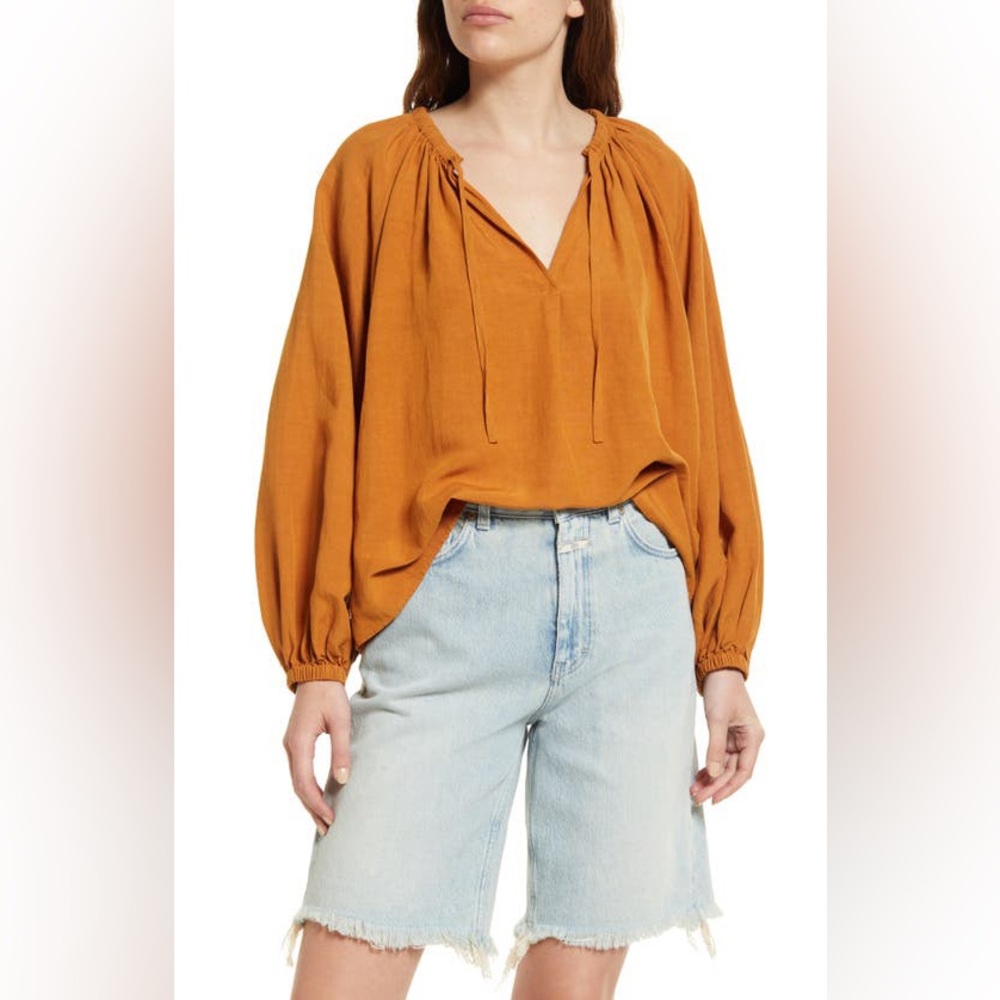 CLOSED Tie Neck Tunic Blouse In Gold Earth NWT SZ L